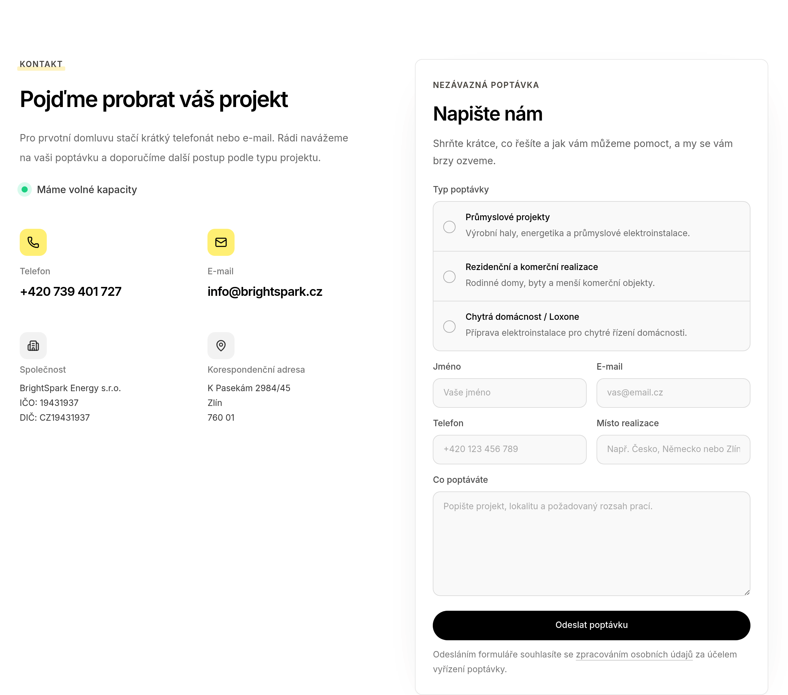 Kontaktní formulář BrightSpark s automaticky předvoleným typem poptávky