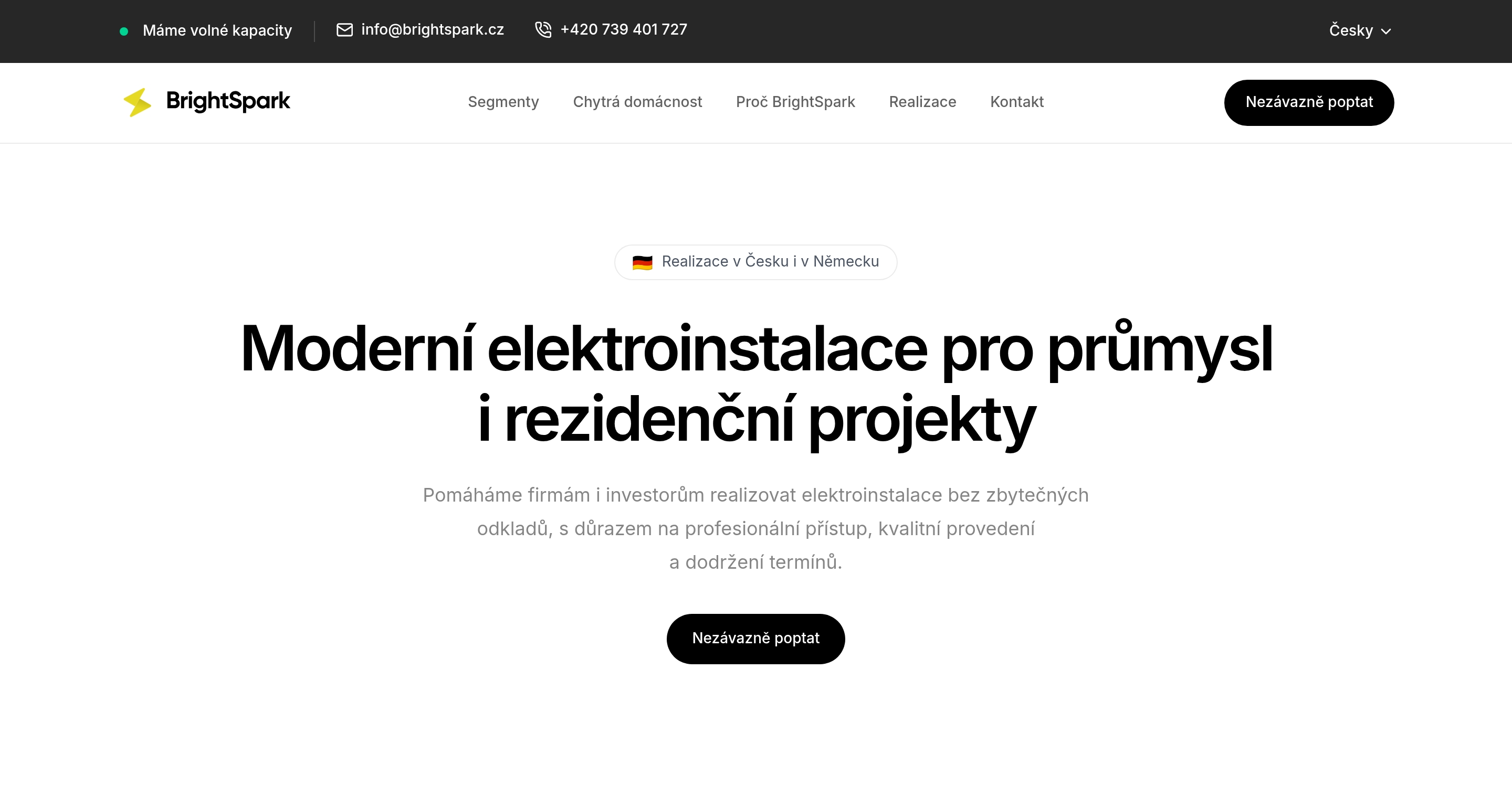 Úvodní část jednostránkového webu BrightSpark