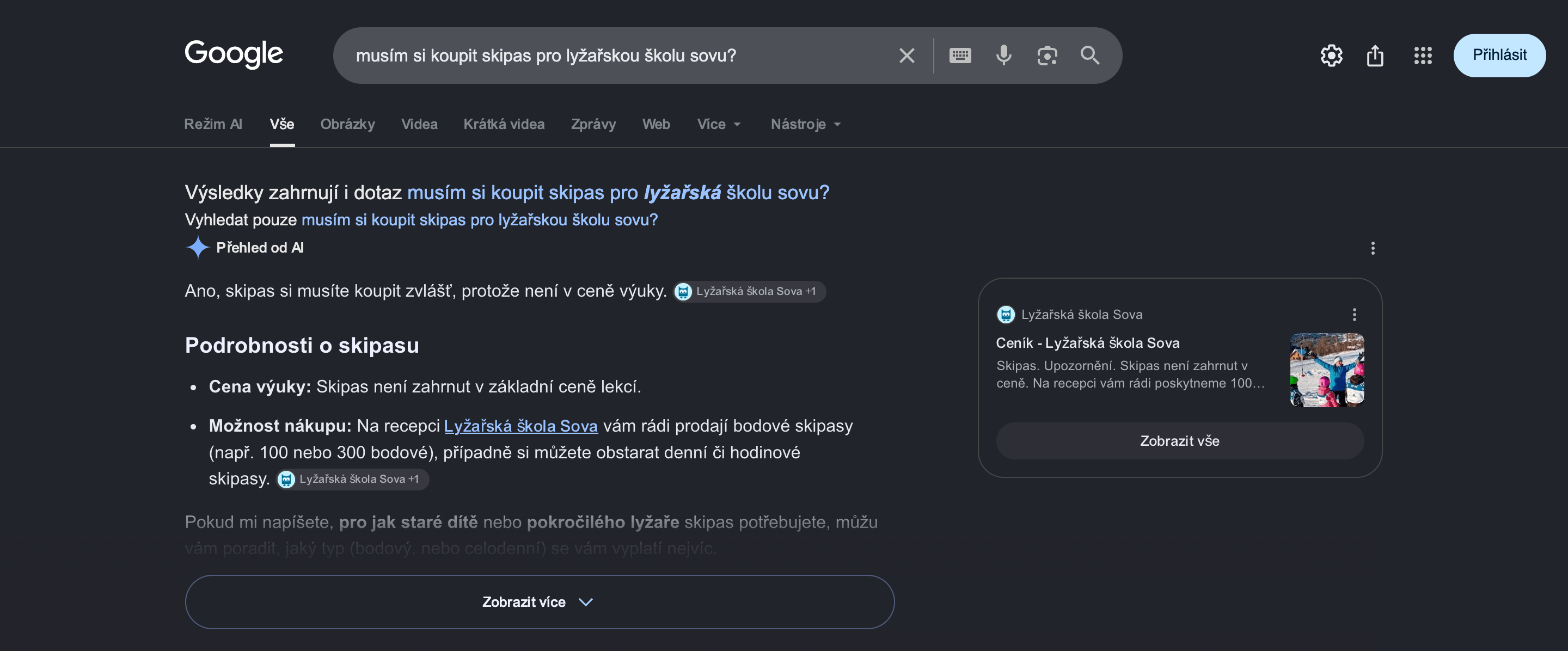 Lyžařská škola Sova uvedená jako zdroj v AI přehledu vyhledávače Google