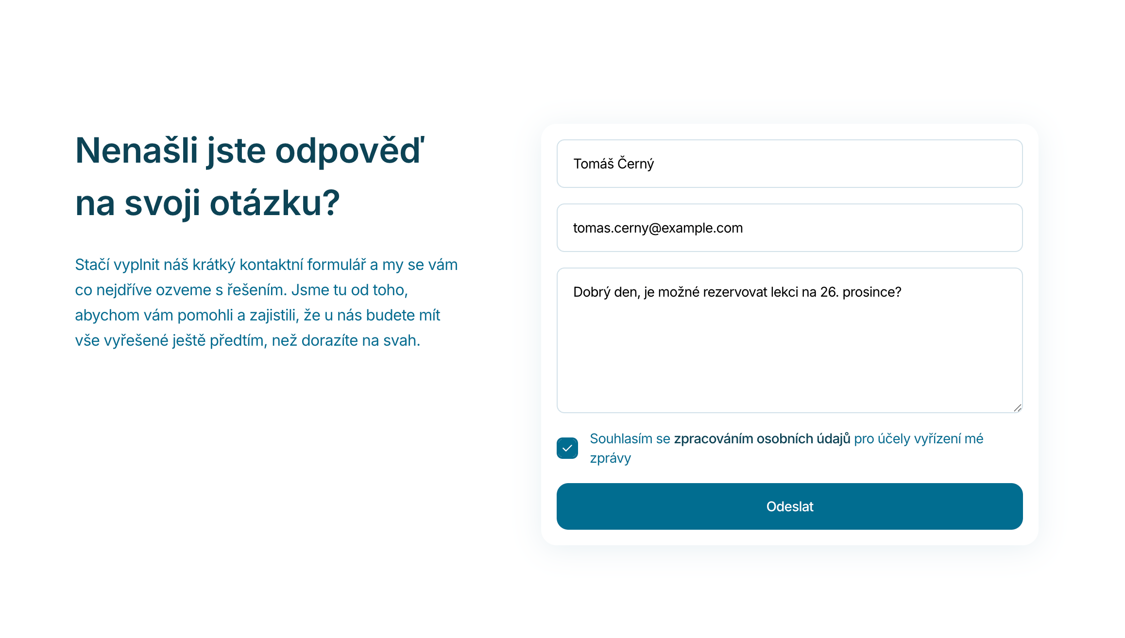 Ukázka obecného kontaktního formuláře Lyžařské školy Sova