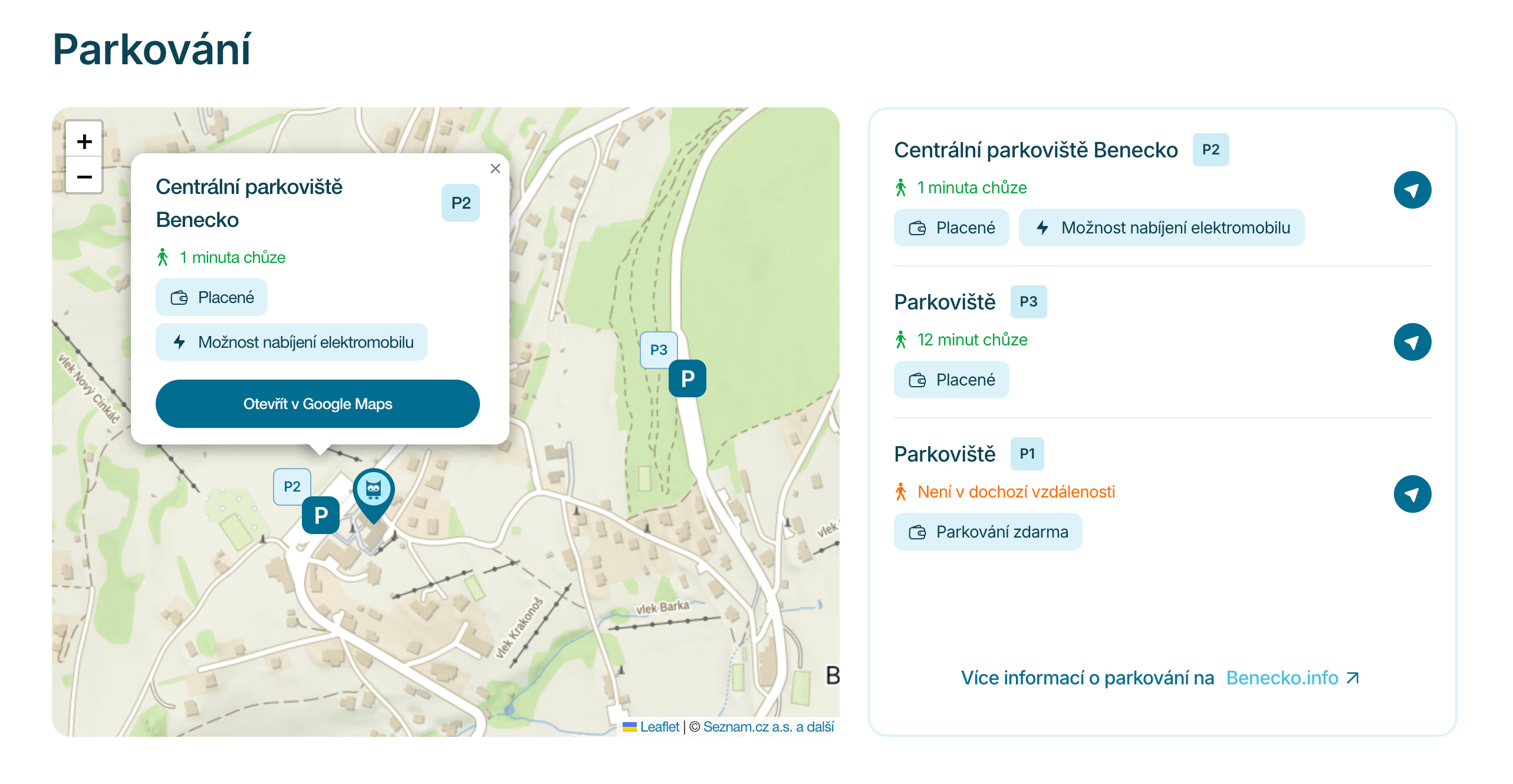 Přehled parkovišť na Benecku s mapou, docházkovou vzdáleností a praktickými informacemi