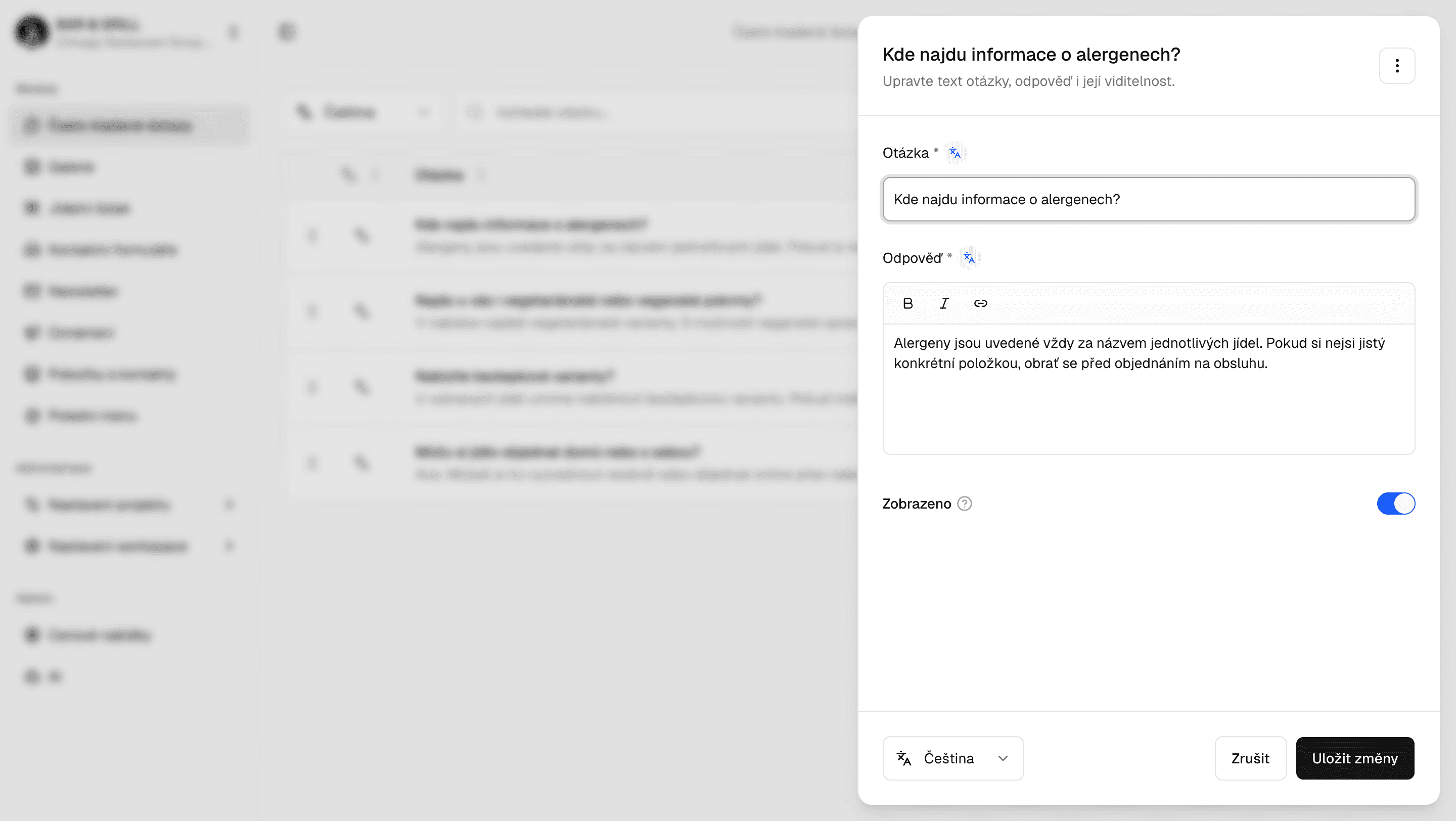 The NEXTBOARD interface for editing a question and answer in the FAQ module
